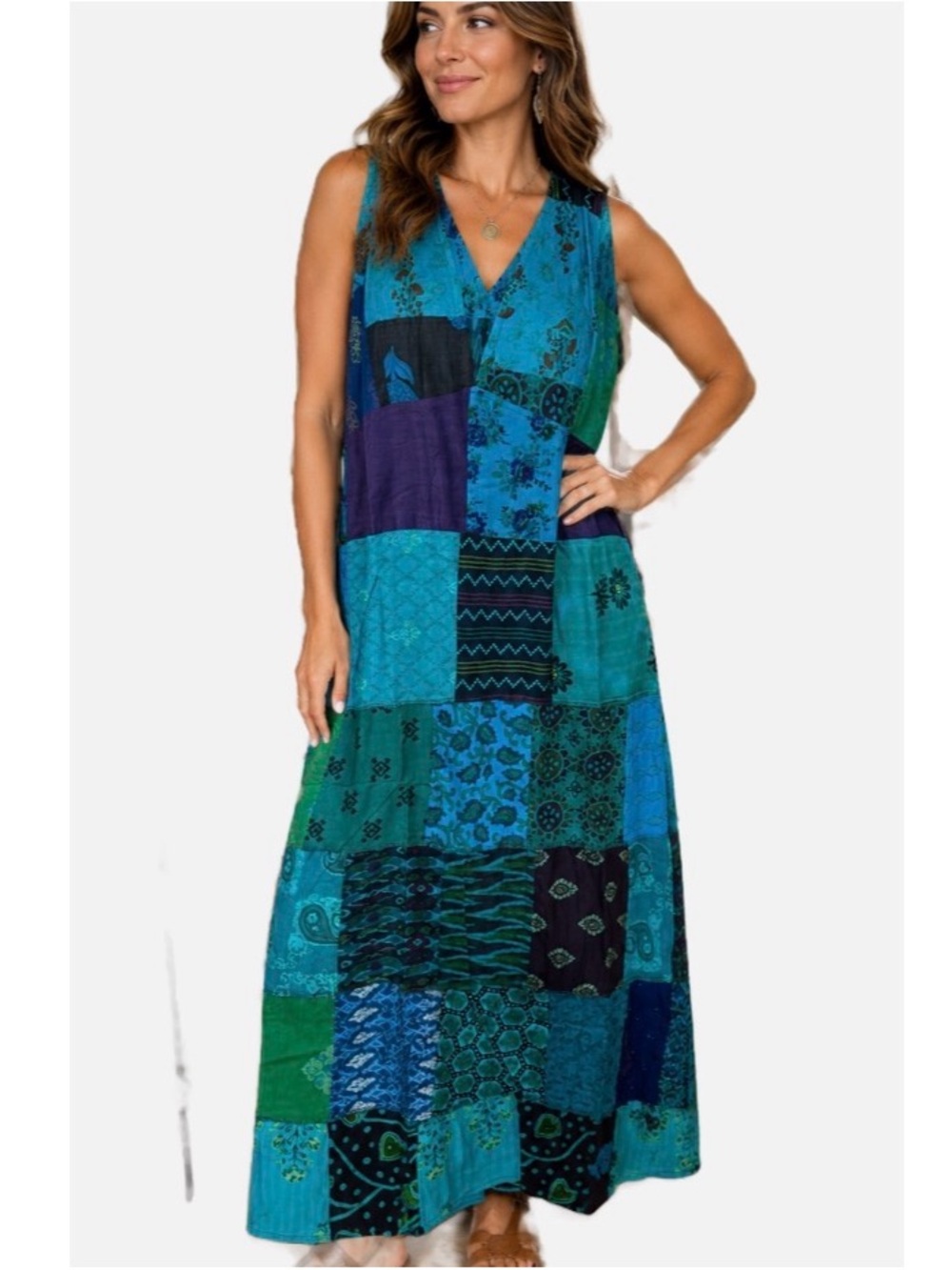 White Waves Patchwork Kantha Blue Teal Green Sleeveless v-neck Maxi Dres